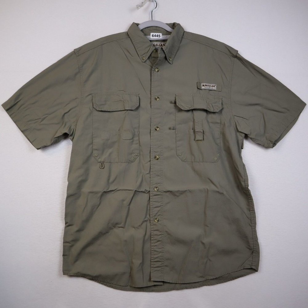 Magellan Shirt L Green Short Sleeve Button Up Casual Outdoor Pockets Mens